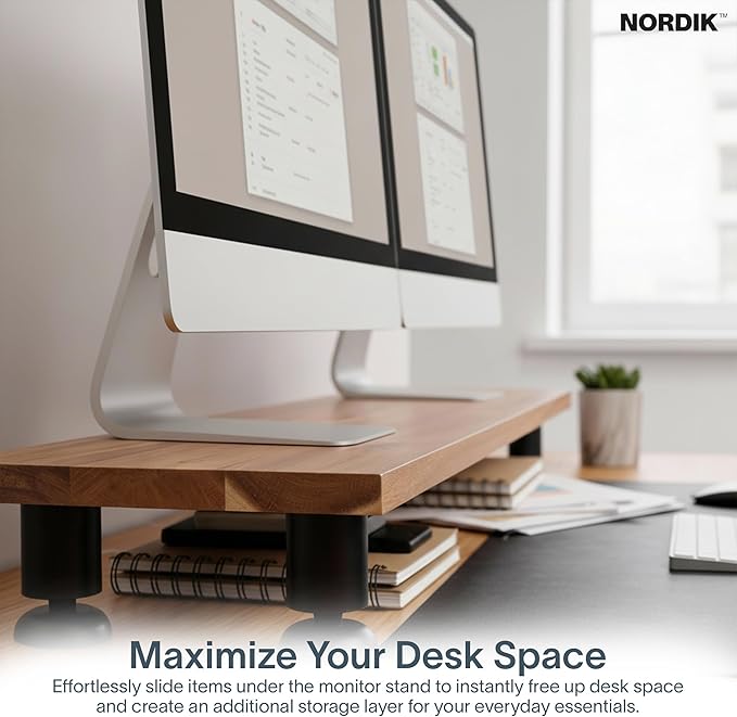Nordik Large Dual Monitor Riser for 2 - 42.5 Inch Premium Handmade Hardwood Acacia Computer - Wood Shelf Desk Organizer Television - Laptop TV Stand with Storage Organizer for Desk Accessories (Brown)