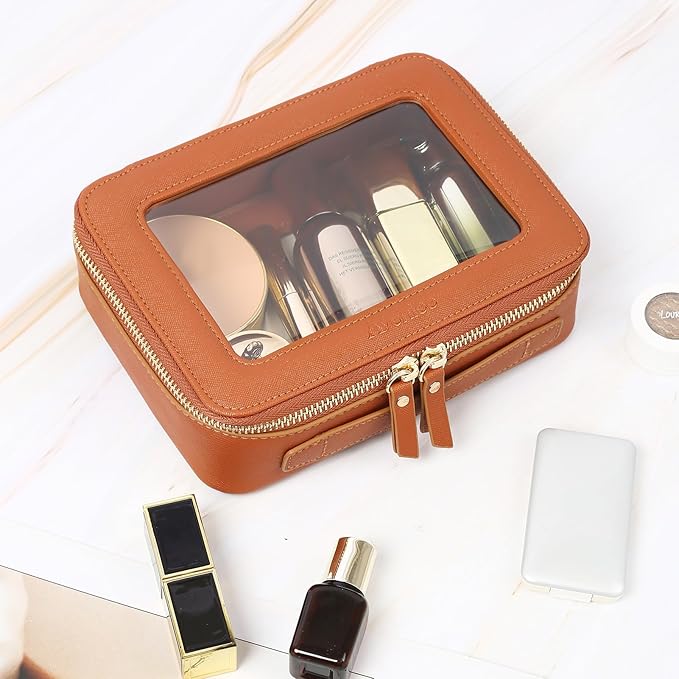 Aveniee Clear Makeup Bag, Travel Toiletry Case for Women, Cosmetic Pouch with Zippers, Car Storage Organizer for Essentials,Brown,Medium Classic