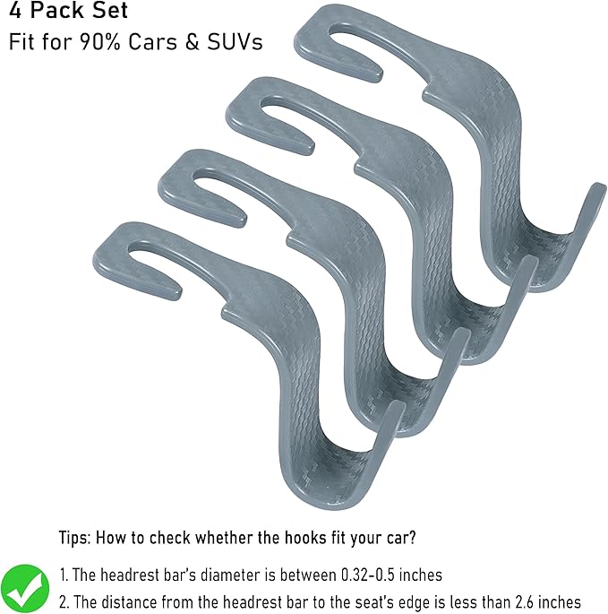 Car Seat Headrest Hook Universal Vehicle Seat Hook Hangers Interior Storage Organizer for Purse Handbag Coats Umbrellas Grocery Bags 4 Pack Grey