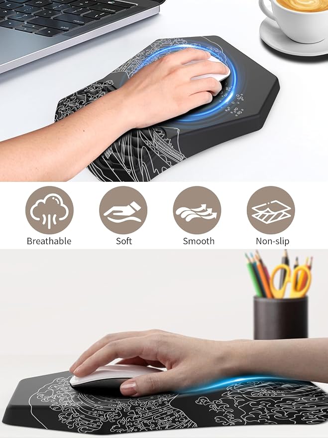 3-in-1 Ergonomic Keyboard Stand with Wrist Rest & Mouse Pad Set, Comfy Keyboard Riser Holder Soft Mousepad with Massage Design, Memory Foam and Non-Slip PU Base for Pain Relief, Black Wave of Kanagawa