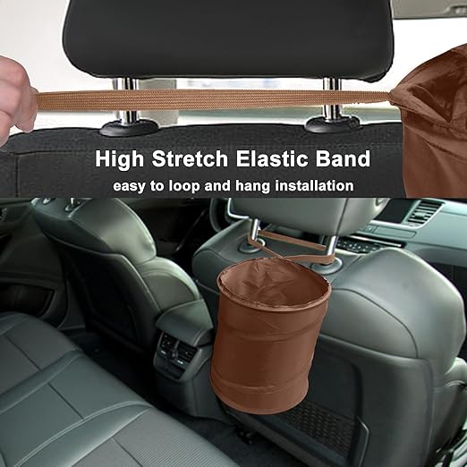 Car Trash Can, 2 Packs Mini Collapsible Car Trash Bin for Front Back Seat, Pop up Car Garbage Can, Portable Car Trash Bag Hanging for Vehicle SUV Rv Truck Accessories Interior, Brown