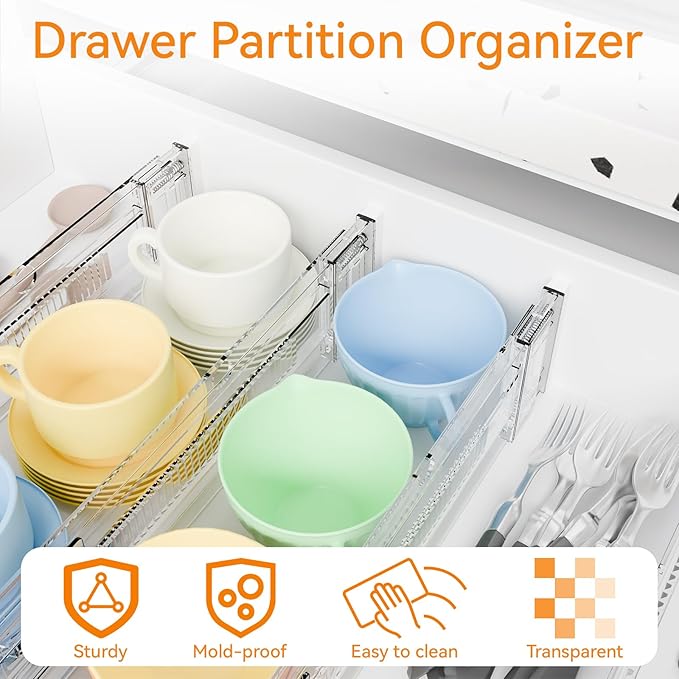 Yieach 12Pack 3.2 Inch Shallow Acrylic Drawer Dividers for Clothes -Expandable from 15-21''- Adjustable Drawer Dividers for Baby Clothing,Sock,Underwear,Clear in Drawer Separators for Dresser,Kitchen