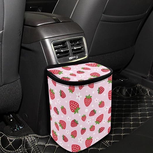 Pink Strawberry Car Trash Can with Lid - Collapsible Waterproof Garage Bag, Reusable Hanging Cute Automotive Garbage Bin, Adjustable Strap, Interior Organizer