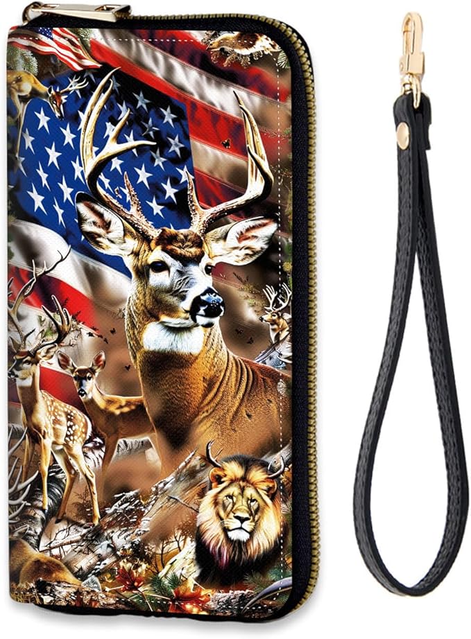Women's RFID Blocking Zip Around Wallet with Detachable Wrist Strap, Large Capacity Credit Card Holder Organizer for Everyday Use,Deer Tree Forest American Flag