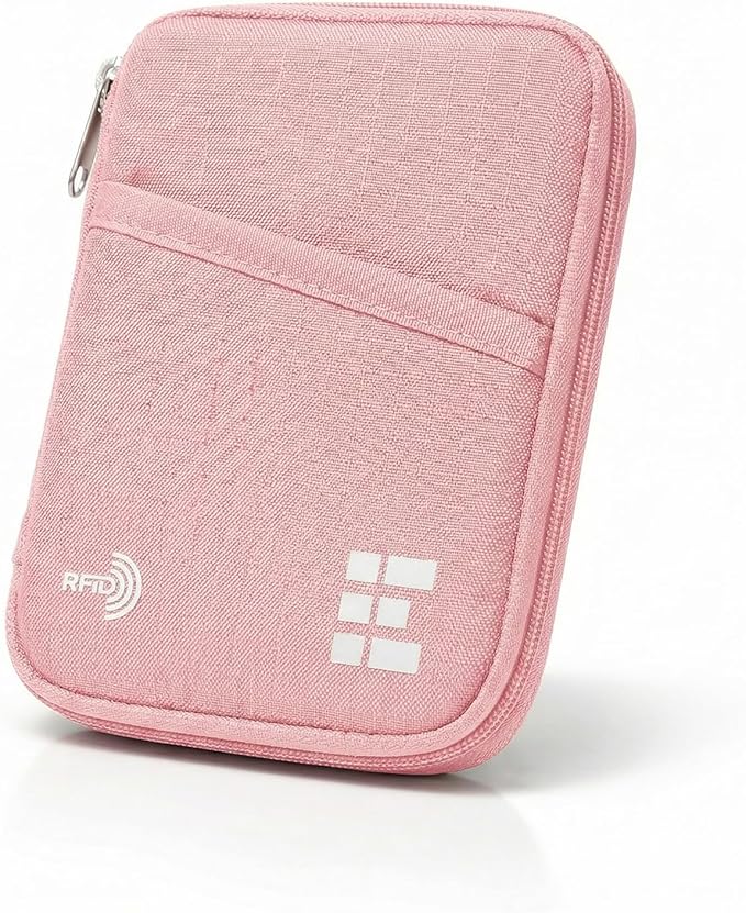 Zero Grid RFID Passport Holder & Travel Wallet, Zippered Wallet for Men & Women, Fits Passport, Cards, Cash, Tickets, ID, Sim Card; Premium & Compact Travel Document Holder - Rose Pink