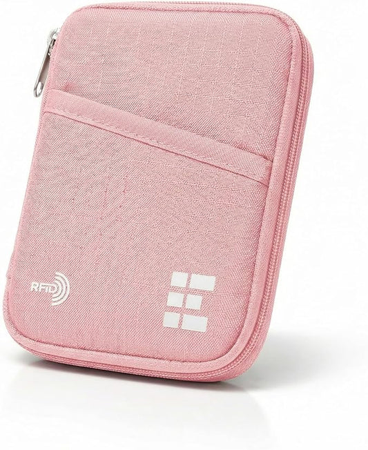 Zero Grid RFID Passport Holder & Travel Wallet, Zippered Wallet for Men & Women, Fits Passport, Cards, Cash, Tickets, ID, Sim Card; Premium & Compact Travel Document Holder - Rose Pink
