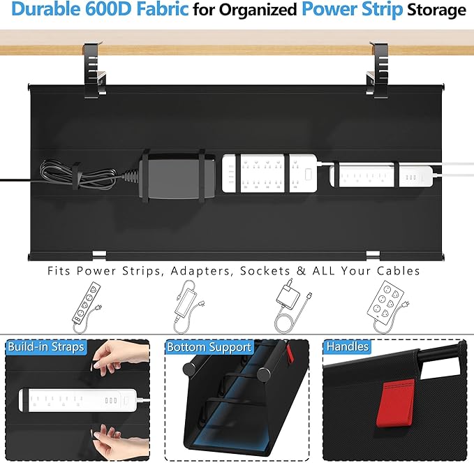 Litwaro Under Desk Cable Management Tray No Drill, 36" Cord Organizer with Clamp for Standing Desk, Premium Fabric Cable Tray with Wire Management for Office Home, Black