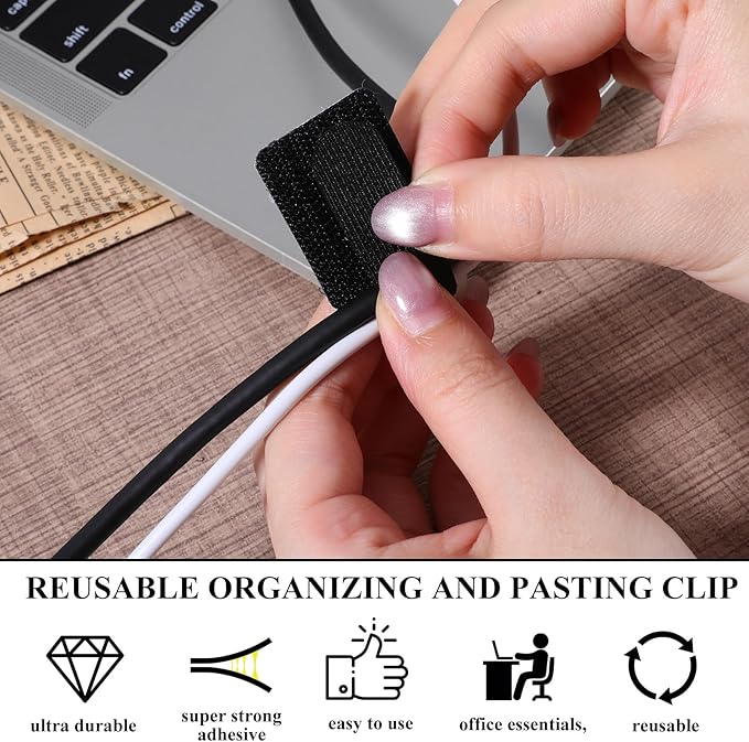 cobee 60 Pcs Hook and Loop Cable Ties, Under Desk Cable Management Reusable Wire Organizer for Cords Adhesive Cables Clips Adjustable Sticky Cord Organizer for Home Office Desk(3 x 9cm, Black)