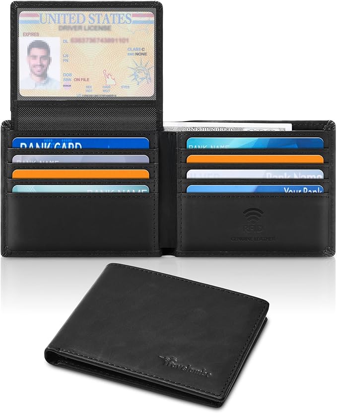Travelambo Genuine Leather Wallet for Men with Gift Box - Handmade Bifold Stylish - Mens Wallets Rfid Blocking with 2 ID Windows