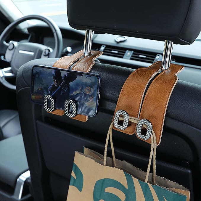 Car Headrest Hooks Universal Car Purse Hook Premium Leather and Alloy Twin Hook Car Seat Back Storage Hanger Hook for Purse Bags Cloth Drink Durable Holder Car Accessories (BH09-Brown-Black-4 Pcs)