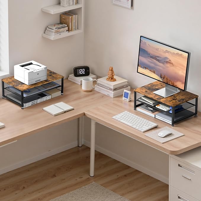 ECOLOVI 2-Tier Computer Monitor Stand Riser, Desk Organizer for Monitor, Printer & Laptop Stand, Desktop Workspace Organizers for Office Supplies(Brown)