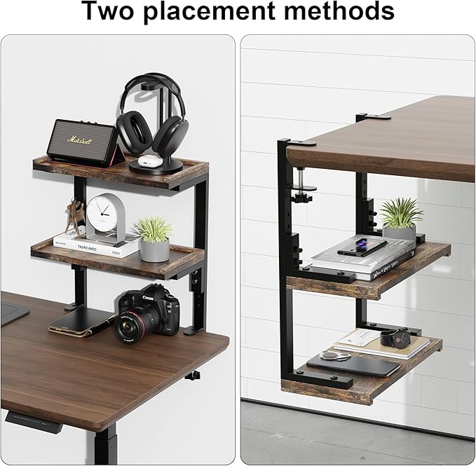 Spacrea clamp on Desk Shelf, 2 Tier Office Desk Shelves Organizer, Wood Desktop Supplies Storage Rack, Desk Organizers and Accessories (Wood)