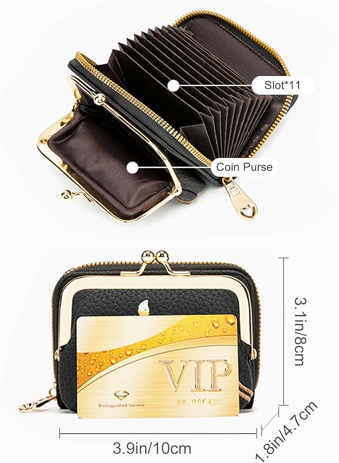 Women's Pebble Leather Wallet, 2-in-1 Zip-Around Credit Card Holder with Kiss Lock Coin Purse, Cute Change Purse with Secure Clasp & Card Slots (Black, Small)