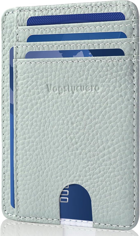 Slim Minimalist Front Pocket Thin Wallet RFID Blocking 100% Genuine Leather Credit Card Holder for men Women, with Gift Box-Lichee Blue Grey
