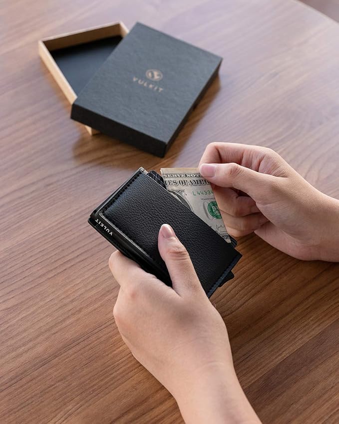 VULKIT Credit Card Holder RFID Blocking Leather Automatic Pop Up Wallet Aluminum Pocket Business Card Case