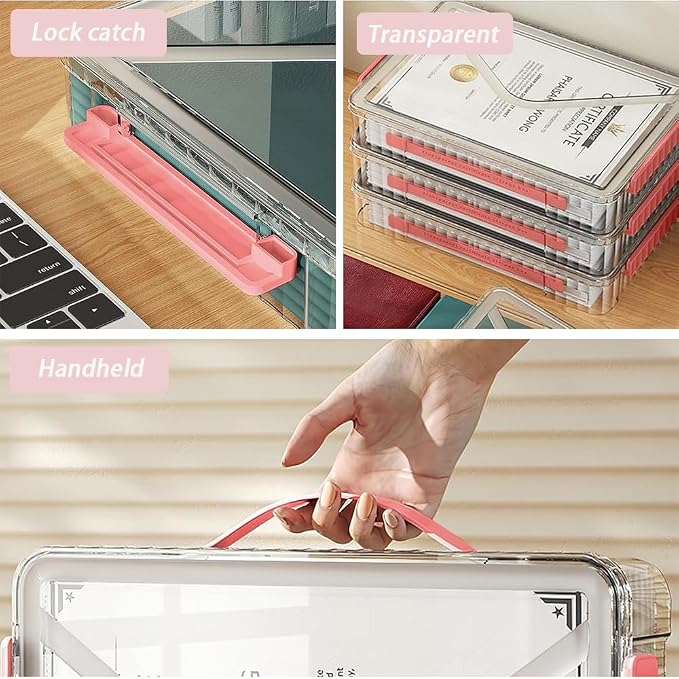 Clear Storage Box with Latch, 2 Pack, Stackable | Clear plastic project case with Red latch. Portable stackable storage for A4 files, scrapbooks, art supplies. Small size.