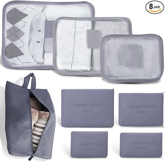 8 Set Packing Cubes for Travel Luggage Packing Bags Reusable Waterproof Suitcase Organizer Cubes Set with Shoe Bag and Toiletry Bag (Grey)