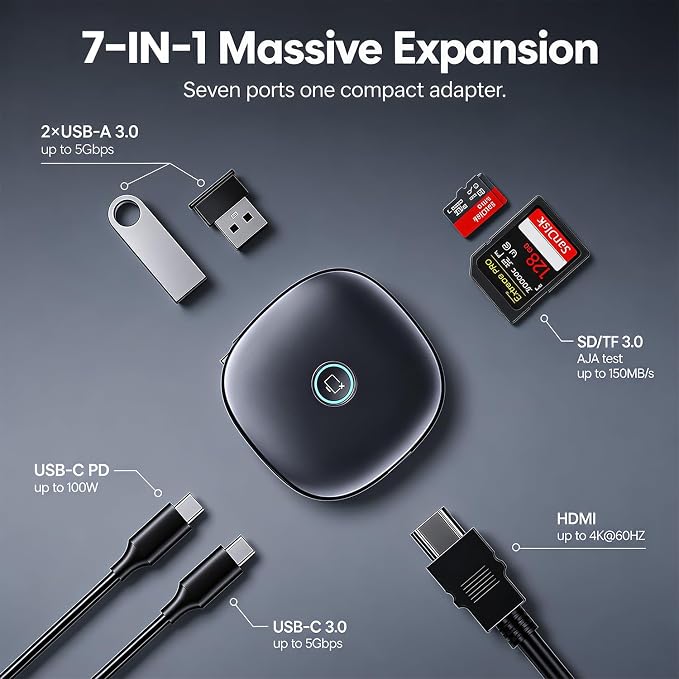 7-in-1 Compact Magnetic USB C Hub with One-Touch Display Off, 4K@60Hz HDMI, 100W PD, 2 USB-A & 1 USB-C 5Gbps, SD/TF Card Reader, Built-in Cable Storage for MacBook, Laptop, Meeting and Travel