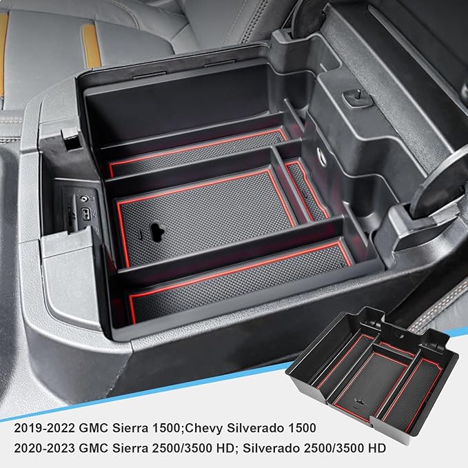 Center Console Organizer Compatible with 2019-2022 Chevy Silverado/Sierra 1500 and 2020-2023 Silverado/Sierra 2500HD 3500HD Accessories Armrest Full Size Tray,Full Console w/Bucket Seats ONLY,Red