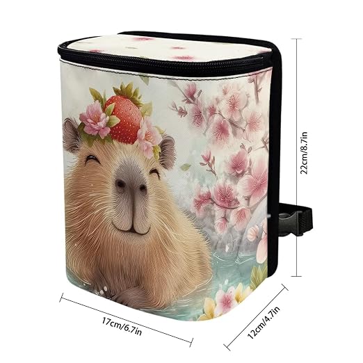 Biyejit Capybara Flowers Cute Car Trash Can with Lid – Multipurpose Collapsible Trash Bin for Car, Leak-Proof Organizer, Waterproof Garbage Can with Storage Pockets & Adjustable Straps