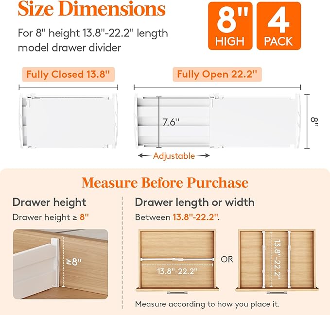 Lifewit 8" Tall 4 Pack Drawer Dividers, 35-56.5cm/13.8-22.2" Expandable Drawer Divider for Clothes, Adjustable Dresser Drawer Organizers, Drawers Separators for Dresser/Bathroom/Closet/Kitchen White
