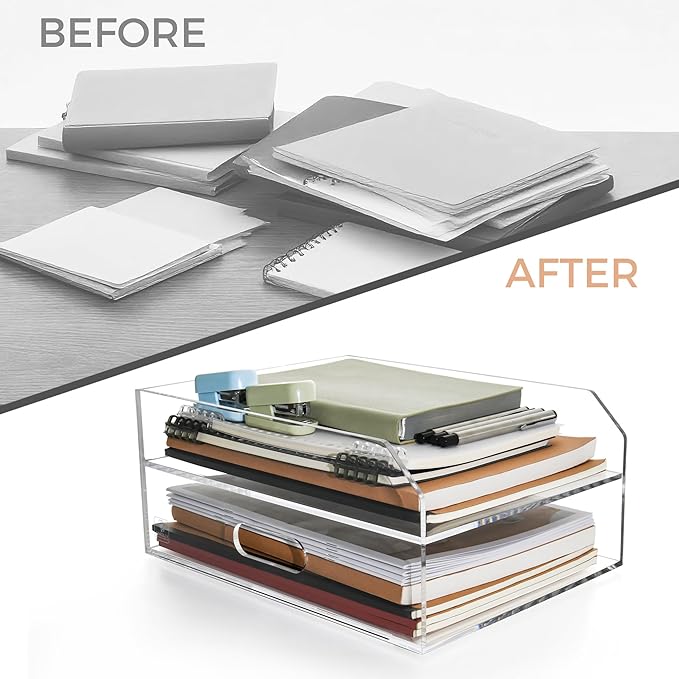 2 Tier Paper Organizer Letter Tray - Acrylic Tray Organizer for Desk, Paper Sorter Organizer for Letter/A4 Office File Folder Holder - Crystal-Clear File Organizer