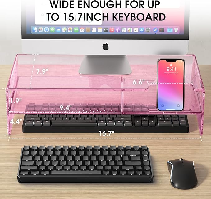 Pink Acrylic Monitor Stand Riser, 2-Tier computer stand with Storage, clear monitor stand for desk Suitable for laptops, printers, TV，desk organization With phone holder