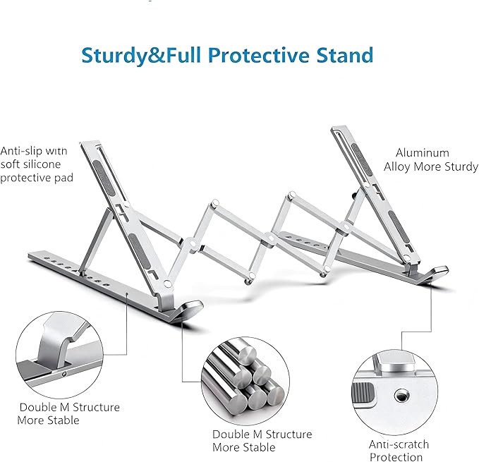 Ergonomic 7-Levels Angles Adjustable Laptop Stand, Portable Laptop Stand for Desk, Aluminum + Silicone Foldable Ventilated Cooling Laptop Riser for 10-17” Laptops, Tablets (Silver)