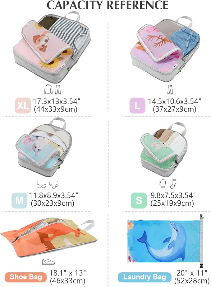 Gonex Compression Packing Cubes, 6pcs Expandable Storage Travel Luggage Bags Organizers with Shoe Bag Laundry Bag, Travel Cubes for Suitcase Carry On (Animals)