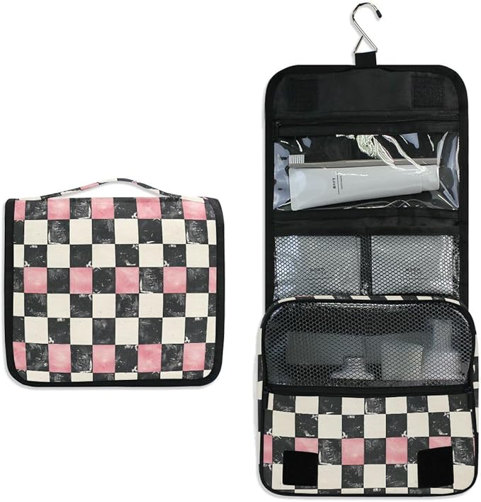 Hanging Travel Toiletry Bag White Black Pink Plaid Kit Makeup Case Cosmetics Organizer for Men Women