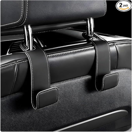 2 PCS Car Seat Headrest Hooks, Microfiber Leather Hanger Holder Hook for Hanging Purse and Bag, Universal Vehicle Back Seat Organizer Hook for Grocery Bag Handbag Coat (Black)