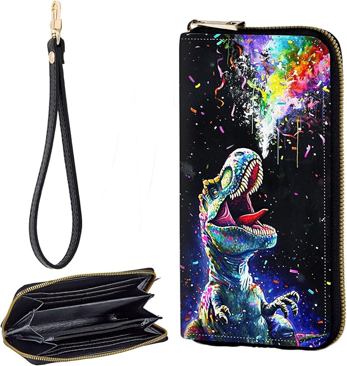 Zip Around Wallets for Women with Detachable Wrist Strap, Large Capacity RFID Blocking Leather Purse Organizer Card Holder Wristlet,Colorful Dinosaur