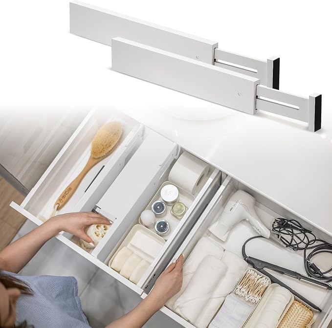 Wesiti 12 Pieces White Bamboo Drawer Dividers Expandable Organization Separators Adjustable Drawer Dividers Dresser Organizer for Kitchen Bedroom(13''-17'')