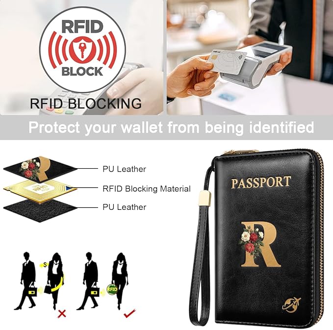 Passport Holder Cover Wallet with Zipper Personalized Initial Letter R Rose Flower RFID Blocking Travel Wallets Credit Cards Holder for Women, Gift for Wife and Girlfriend,R