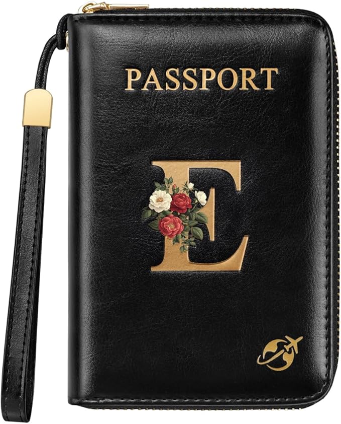 Passport Holder Cover Wallet with Zipper Personalized Initial Letter E Rose Flower RFID Blocking Travel Wallets Credit Cards Holder for Women, Gift for Wife and Girlfriend,E