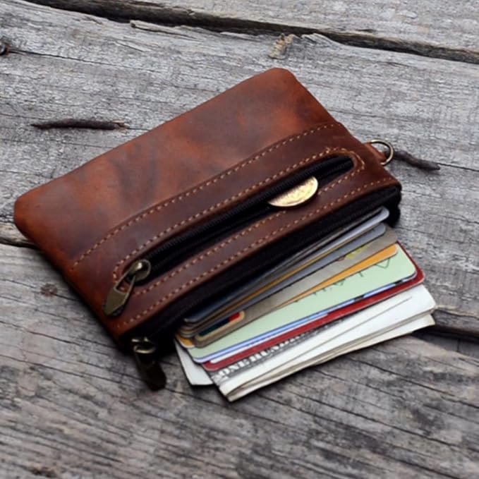 JJNUSA Genuine Leather Zipper Coin Purse for Men, Credit Card Case Holder, Mens Tray Purses Coin Purse Cash Change Wallet Car Smart Holder Money Pouch Brown