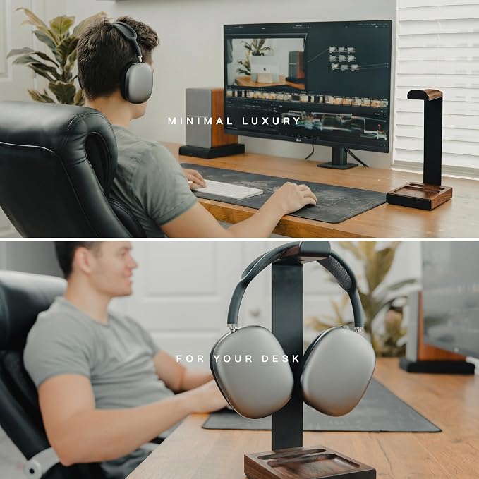 COREMINDED Universal Headphone Stand for Desk, Solid Wood Gaming Headset Stand, Heavy Duty Wooden Headphones Holder, Compatible with Airpods Max and More