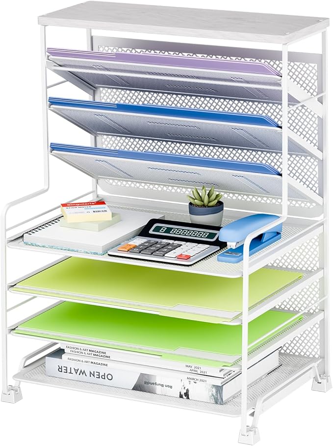 Simple Trending 7 Tier Desk File Organizer, Letter Tray Paper Organizer, Mesh Desk Accessories File Folder for Office, Home or School, White