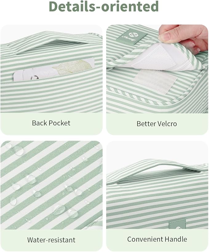 Narwey Small Hanging Toiletry Bag for Travel Women Girl, Striped Toiletries Travel Bag with Hook, Hanging Makeup Bag Organizer Make Up Cosmetic Bags, Gifts for Kids Teen (Mint Green Stripe)