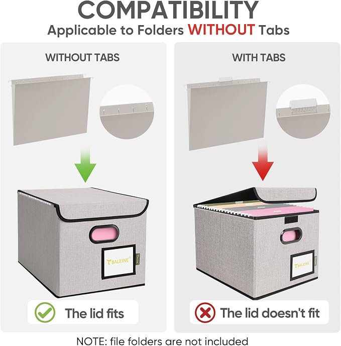 BALEINE File Organizer Box with Lid, Collapsible File Folder Organizer with Plastic Slide, Hanging File Folder Box for Office Document Storage (1 Pack, Beige)