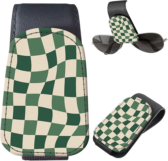 Sunglasses Holder for Car Visor, PU Leather Glasses Clip Organizer, Cute Magnetic Eyeglass Holder for Vehicle Sun Visor, Car Interior Accessory for Women & Men Green Wavy Checker