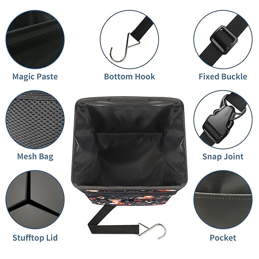 Car Trash Can Cute Red Foxes Forest Mushrooms Wate-rproof Auto Garbage Bag Car Trash Can with Lid Leak-Proof Car Storage Bag Hanging for Headrest Collapsible and Portable with Storage Mesh Pocket