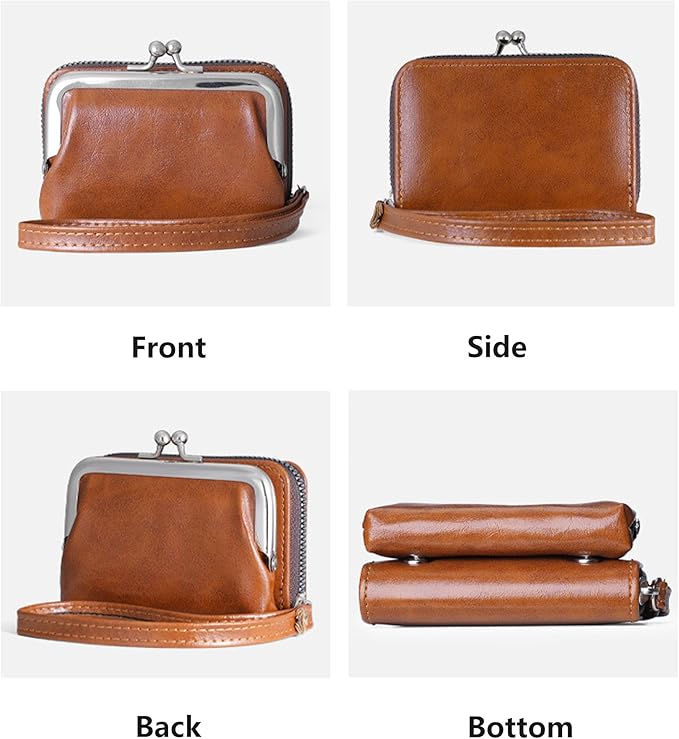 2 in 1 Credit Wallet, Purse Wallets for Women, Ladies Coin Pouch With Card Slot, Women's Vintage Change Holder with Kiss Lock and Zipper Lanyard (PU Brown, Small)