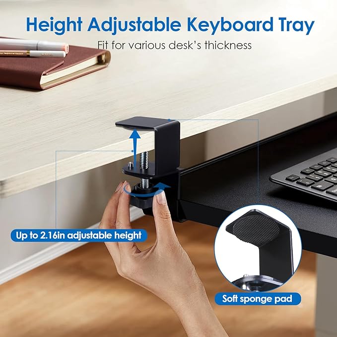 KOCASO Keyboard Stand for Desktop - 25.59”x9.64”x0.51” Keyboard Tray with Retractable Slide Out Drawer, Height Adjustable and C Clamp Installation, Supports up to 55LBS，Perfect for Home or Office