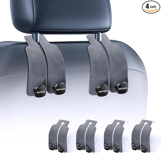 FACIACC 4 Pack Car Seat Headrest Hooks, Purse Hook for Headrest Universal Double Car Headrest Hooks Accessories Backseat Hanger Bag Holder Storage Hanger for Handbag Purse Coat Bags, Grey