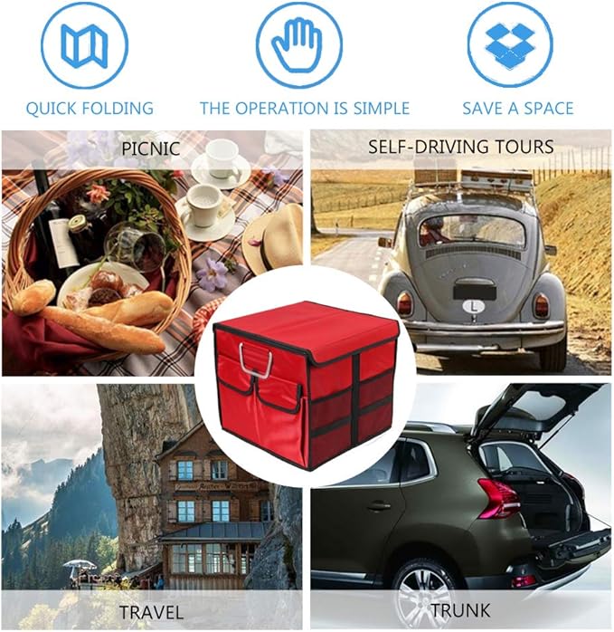 Car Trunk Organizer Collapsible Portable Multi Compartments Organizer with Non Slip Straps for SUV Truck Auto Vehicle Car Auto Minivan (Small covered, Red)