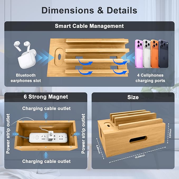 Bamboo Charging Station for Multiple Devices, Cable Management Box for Power Strip, USB Charger & USB Charging Hub/Station, Wood Docking Station Desktop Organizer Bedside Table Organizer