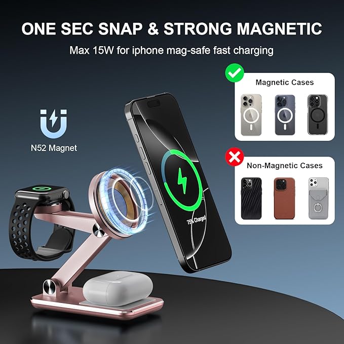 Wireless Charger 3 in 1,Foldable Wireless Charging Station for Apple MagSafe Charger,Aluminum Portable Magnetic Travel Charger Stand for iPhone,Watch,Aipods (with 20W Adapter & Case)
