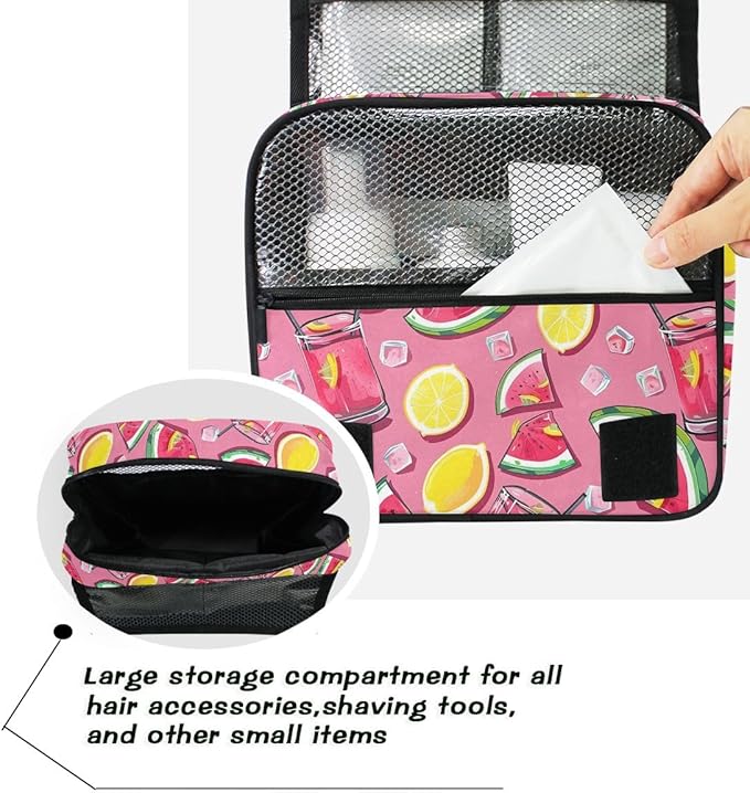 Hanging Travel Toiletry Bag Kit Boys Makeup Case Cosmetics Organizer for Men Women (Watermelon Slices Pink Lemonade)