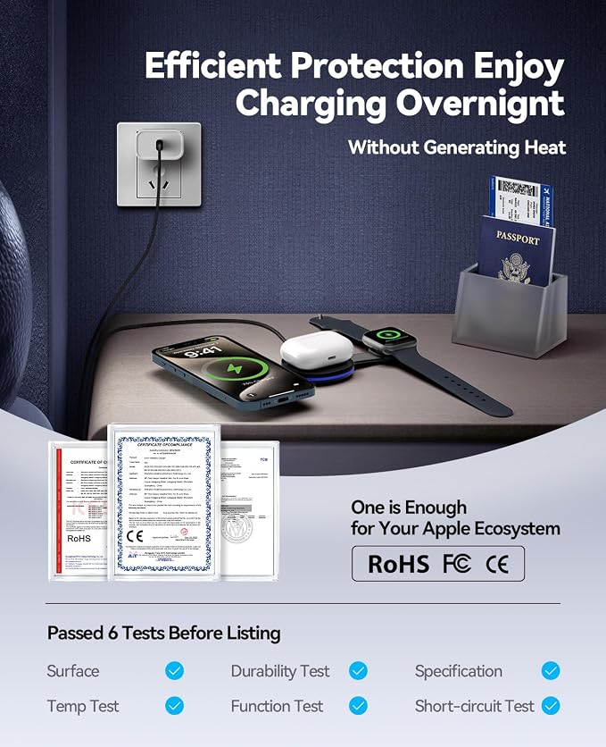 3-in-1 MagSafe Wireless Charger for Apple Devices, 15W Fast Charging Foldable Travel Charging Station Compatible with iPhone 17/16/15/14/13/12 Series, Apple Watch, AirPods